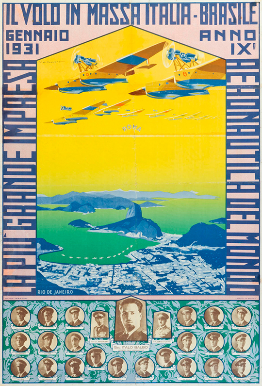 Группа пилотов под началом Итало Бальбо на гидросамолётах Savoia-Marchetti S.55 над Рио-де-Жанейро (январь 1931 г.); художник – Умберто ди Ладзаро